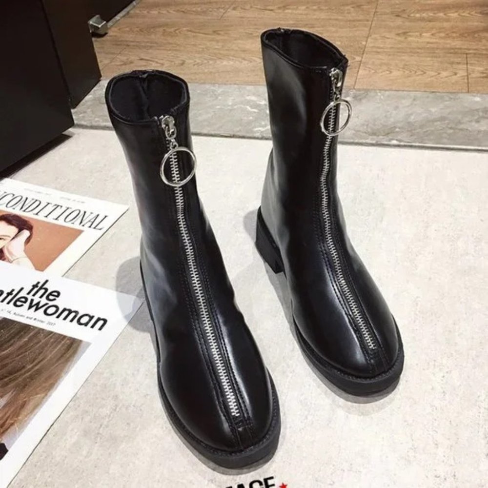 New Front Zipper Round Toe Chunky Heel All-match Mid-Cut Martin Boots